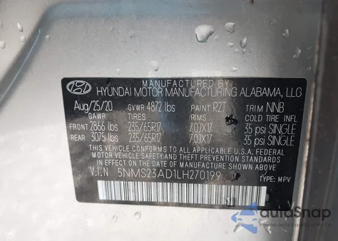 2020 Hyundai Santa Fe Se z USA, uszkodzony, nr VIN 5NMS23AD1LH270199